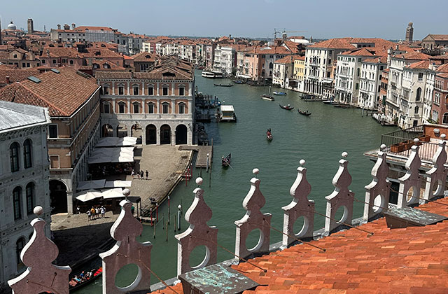 Wide canal and bell tower, Venice